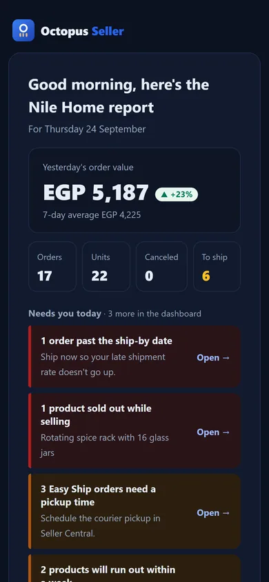 Daily report email: yesterday's order value vs. the 7-day average, and what needs you today