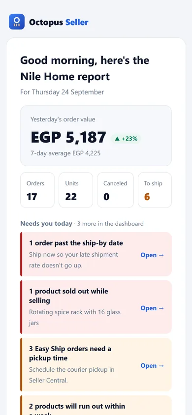 Daily report email: yesterday's order value vs. the 7-day average, and what needs you today