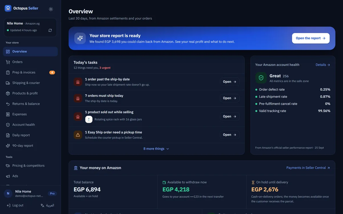 Octopus Seller overview: today's tasks, Amazon account health, sales and real profit