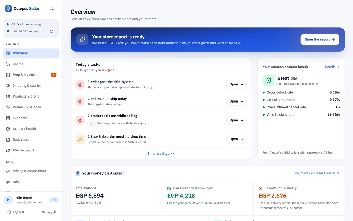 Octopus Seller overview: today's tasks, Amazon account health, sales and real profit