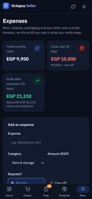 Expenses page on a phone: monthly costs and profit after expenses