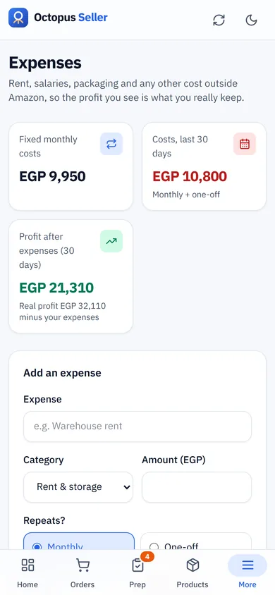 Expenses page on a phone: monthly costs and profit after expenses