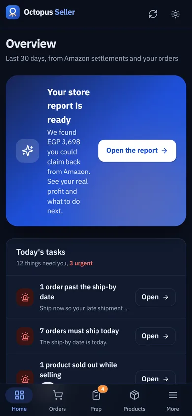 Octopus Seller on a phone: today's tasks and account health