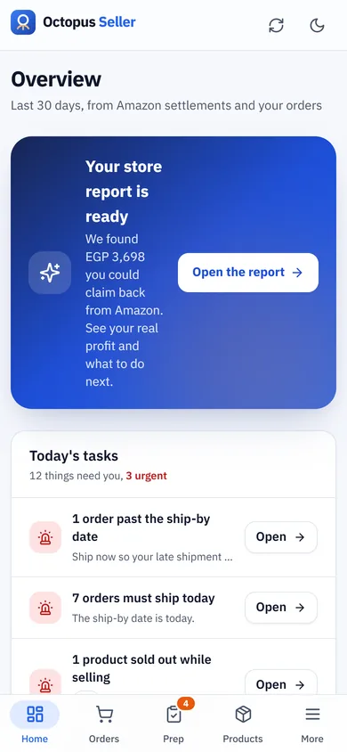 Octopus Seller on a phone: today's tasks and account health