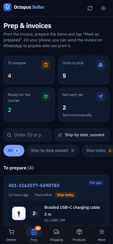 Prep & invoices on a staff member's phone: orders to prepare, units to pick, and Print invoice and Send on WhatsApp buttons