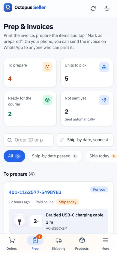 Prep & invoices on a staff member's phone: orders to prepare, units to pick, and Print invoice and Send on WhatsApp buttons