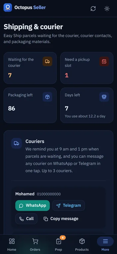 Shipping & courier page on a phone: parcels waiting for the courier, packaging left, and WhatsApp, Telegram and call buttons
