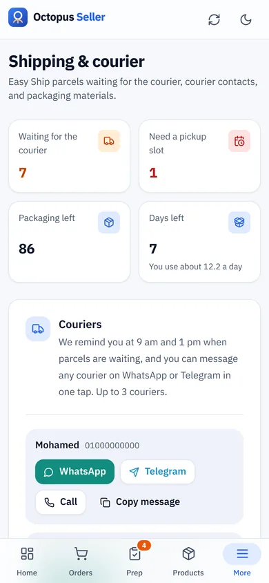 Shipping & courier page on a phone: parcels waiting for the courier, packaging left, and WhatsApp, Telegram and call buttons