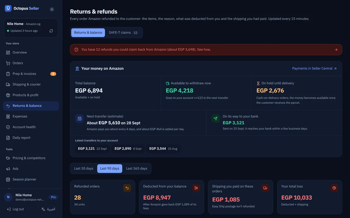 Refunds & balance page: your money on Amazon, available to withdraw, on hold until delivery, and shipping lost