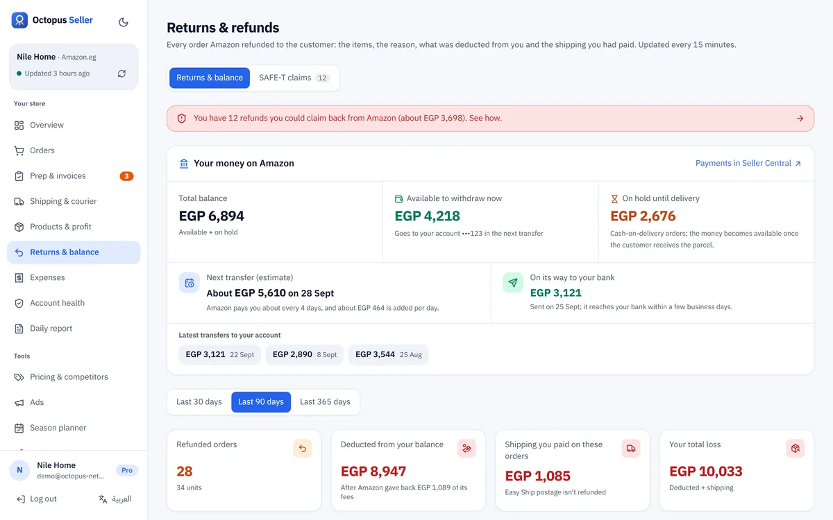 Refunds & balance page: your money on Amazon, available to withdraw, on hold until delivery, and shipping lost